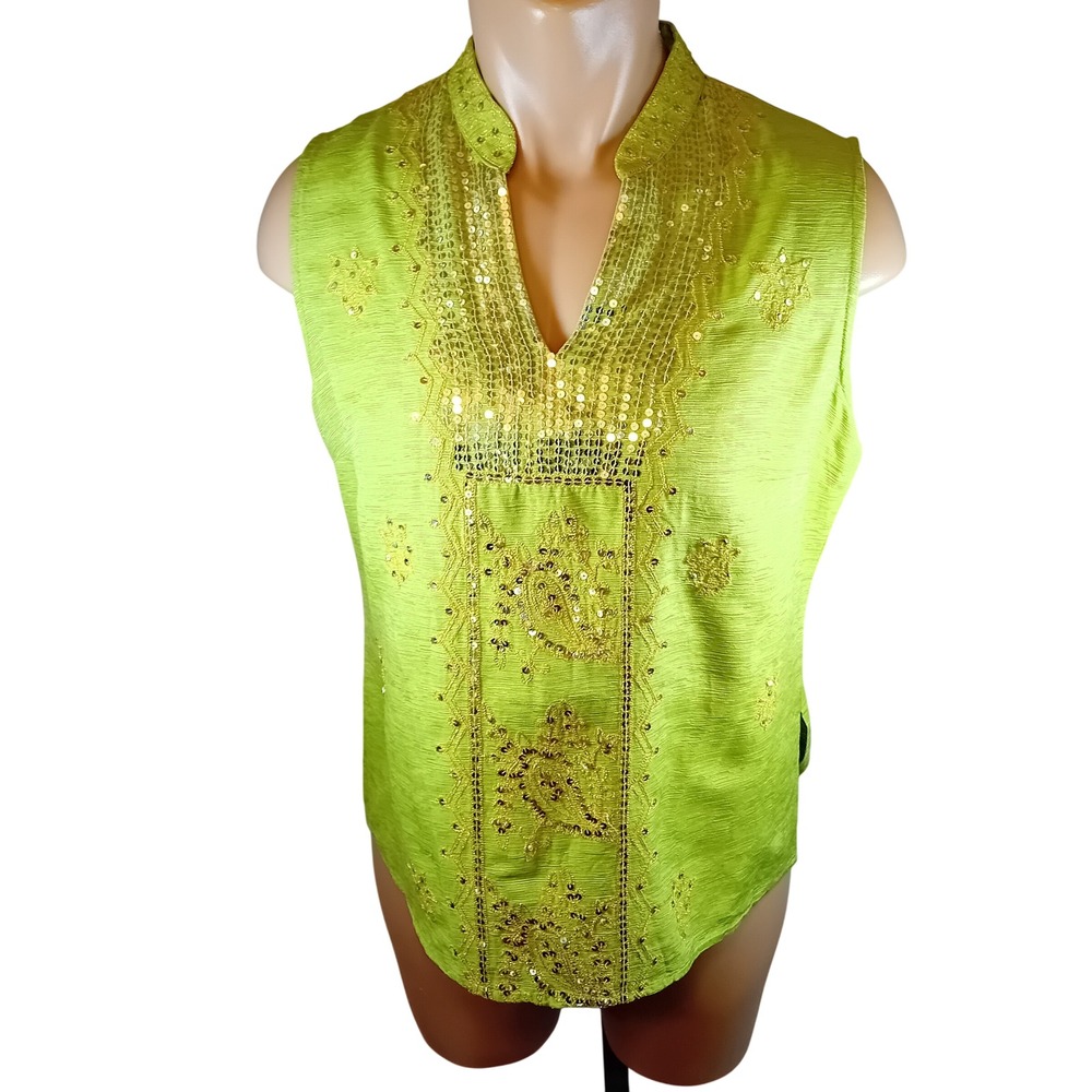 VTG Y2K Silkland Desi Silk Mandarin SplitNeck Sequin Embellished Kurti Blouse‎ M